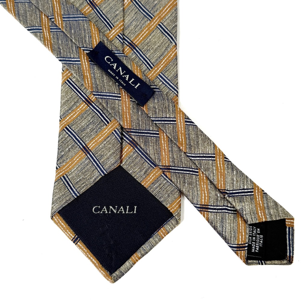 Canali Silk Necktie Gold Grey Plaid Pattern Made in Italy W: 3.75" L:‎ 59"